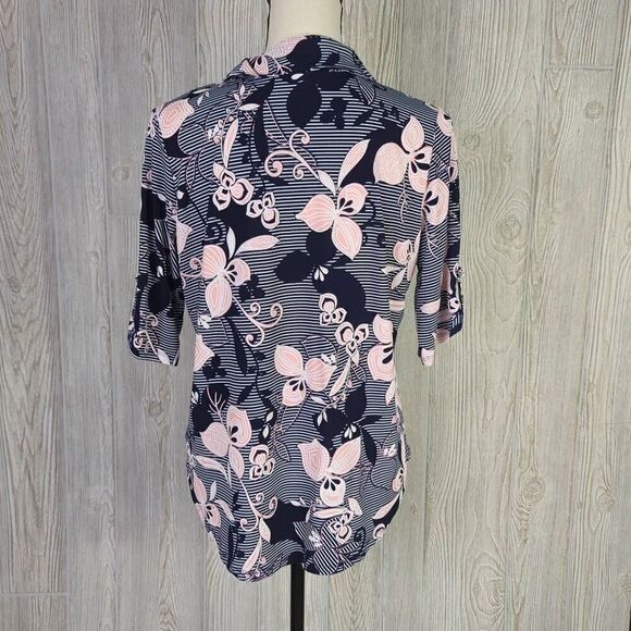 SJS Womens Petite Large Button Front Blouse Blue Pink Floral Roll Tab Sleeves - Picture 3 of 8